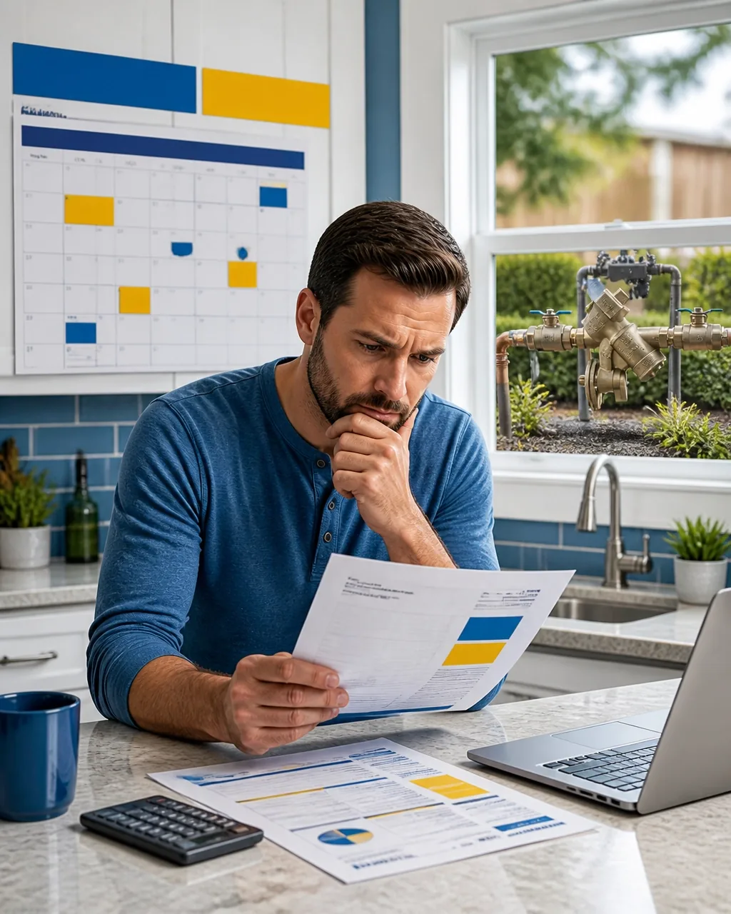 Homeowner reviewing a county notice at a kitchen counter, with a deadline calendar on the wall