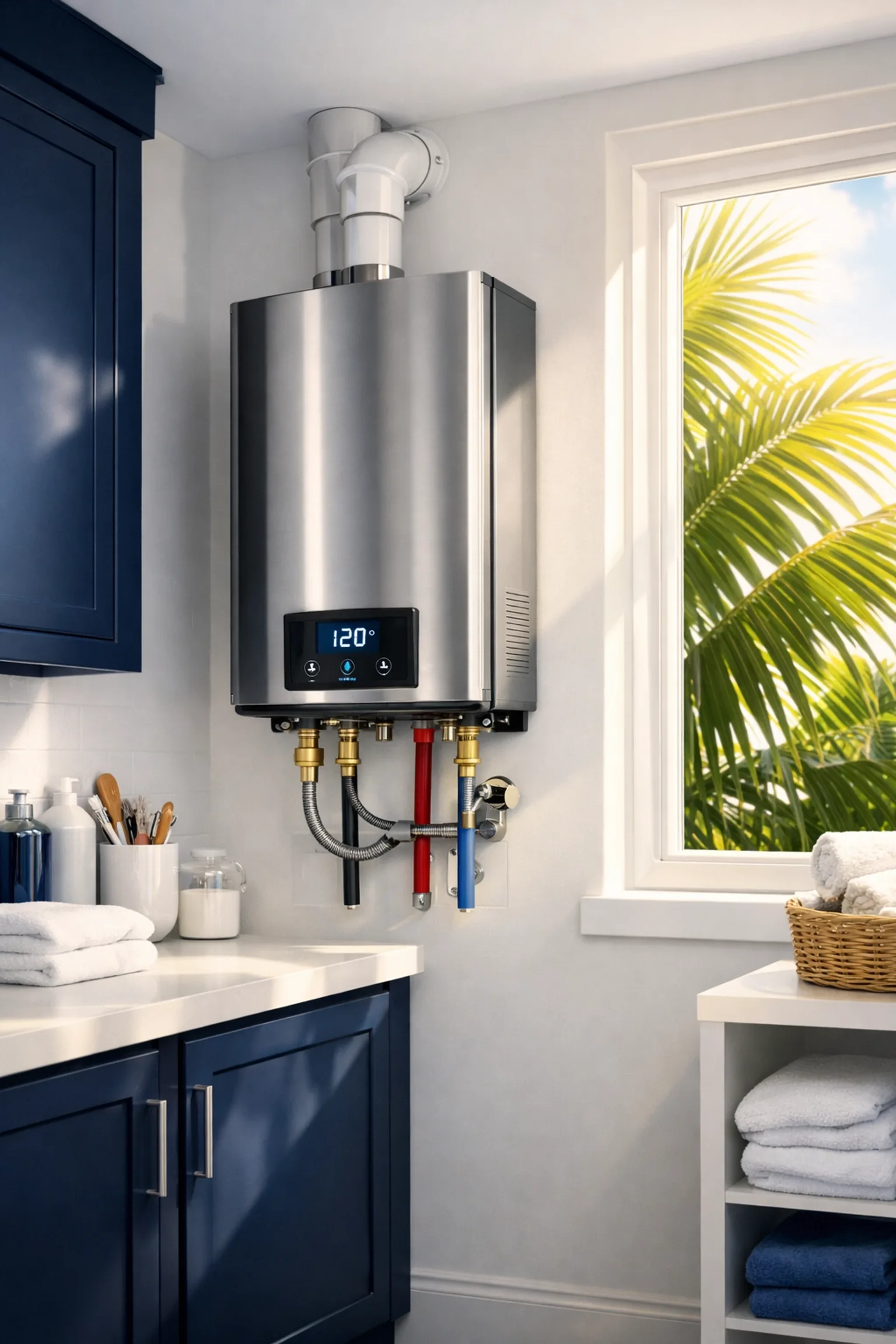 Modern wall-mounted tankless water heater in a Sarasota home utility room showcasing energy efficiency.