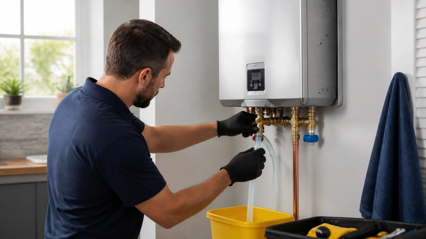 Tankless water heater maintenance with a modern wall-mounted unit and organized plumbing connections