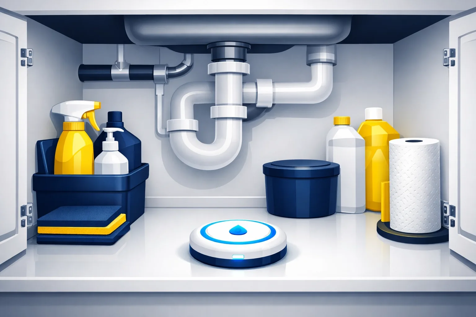 A smart leak detection alarm placed in an organized under-sink cabinet for proactive plumbing safety.