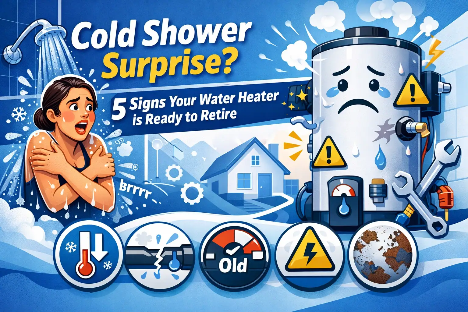 Illustration of a person under a cold shower beside a water heater, with icons for five warning signs