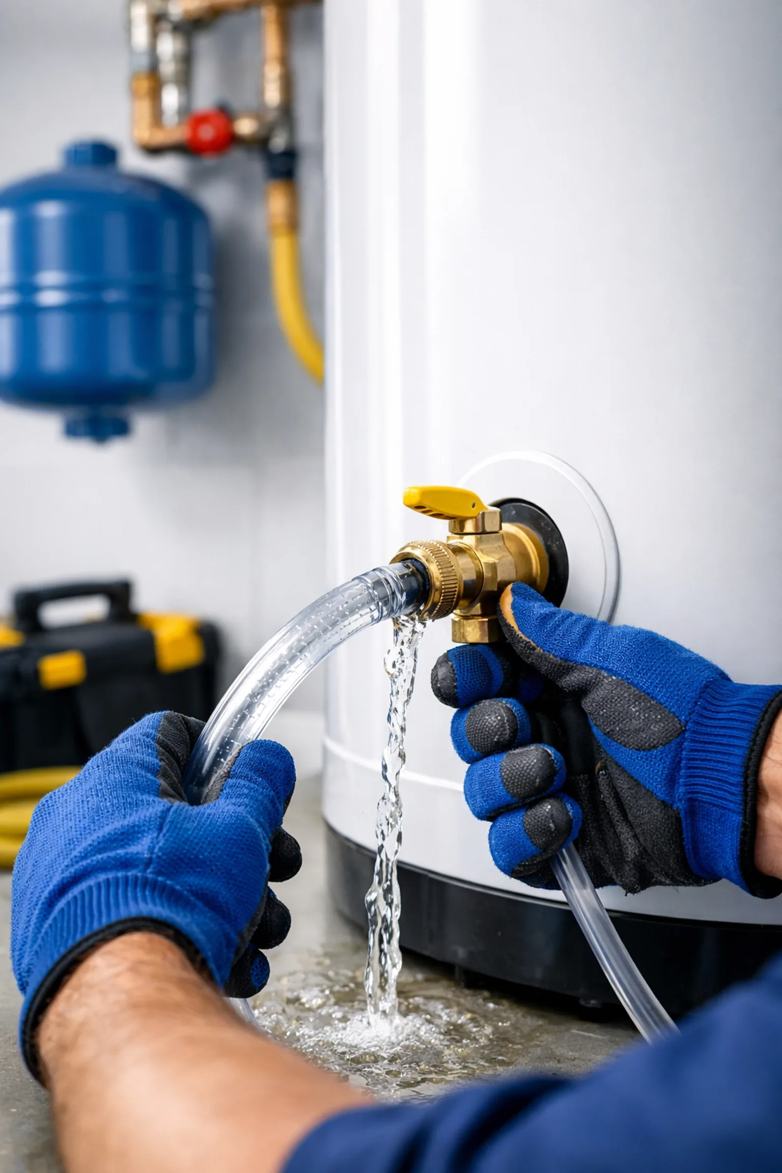 Technician performing a water heater flush to remove sediment and improve efficiency in a Bradenton home.