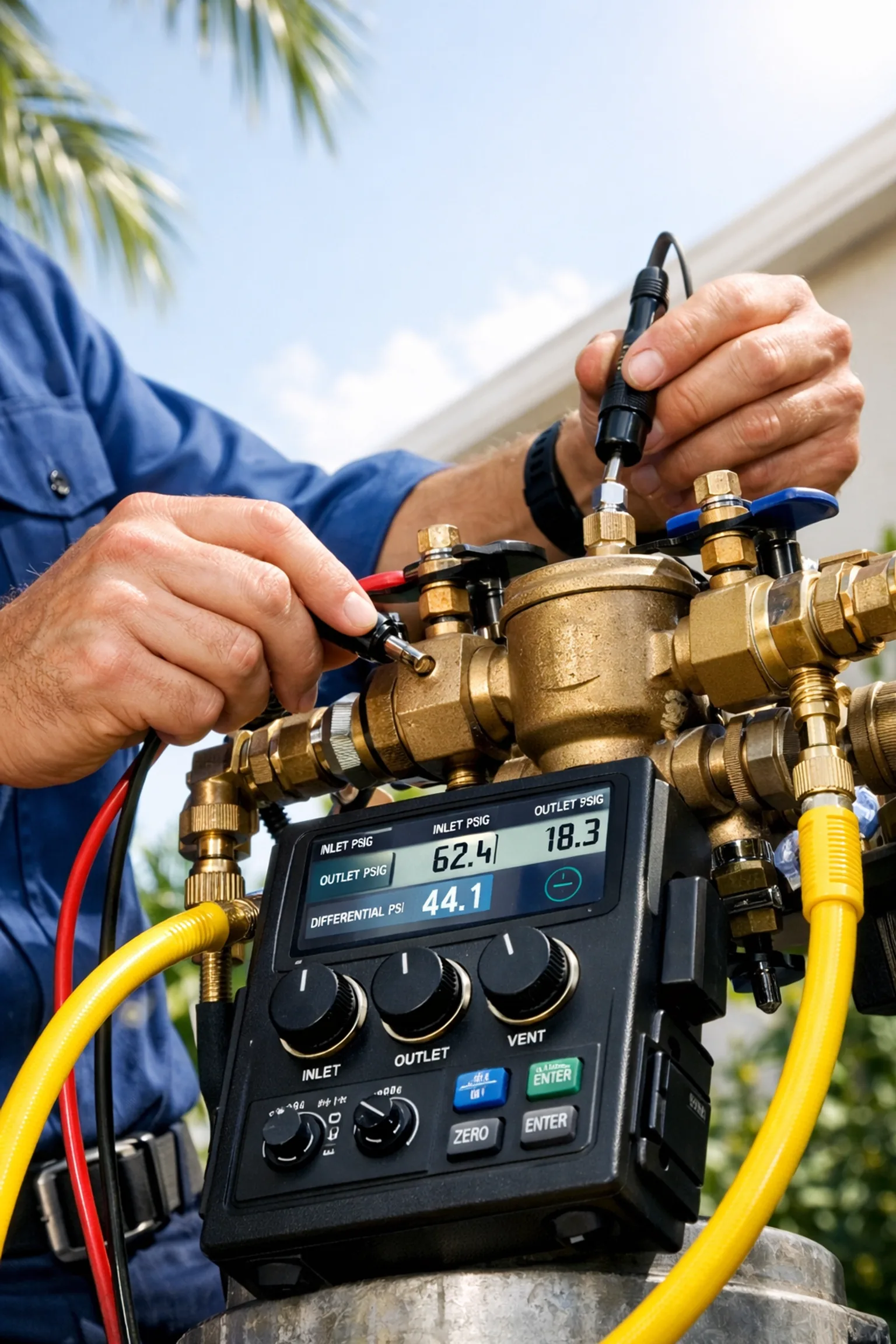 Certified plumber performing a backflow test on a brass valve assembly to ensure system compliance.