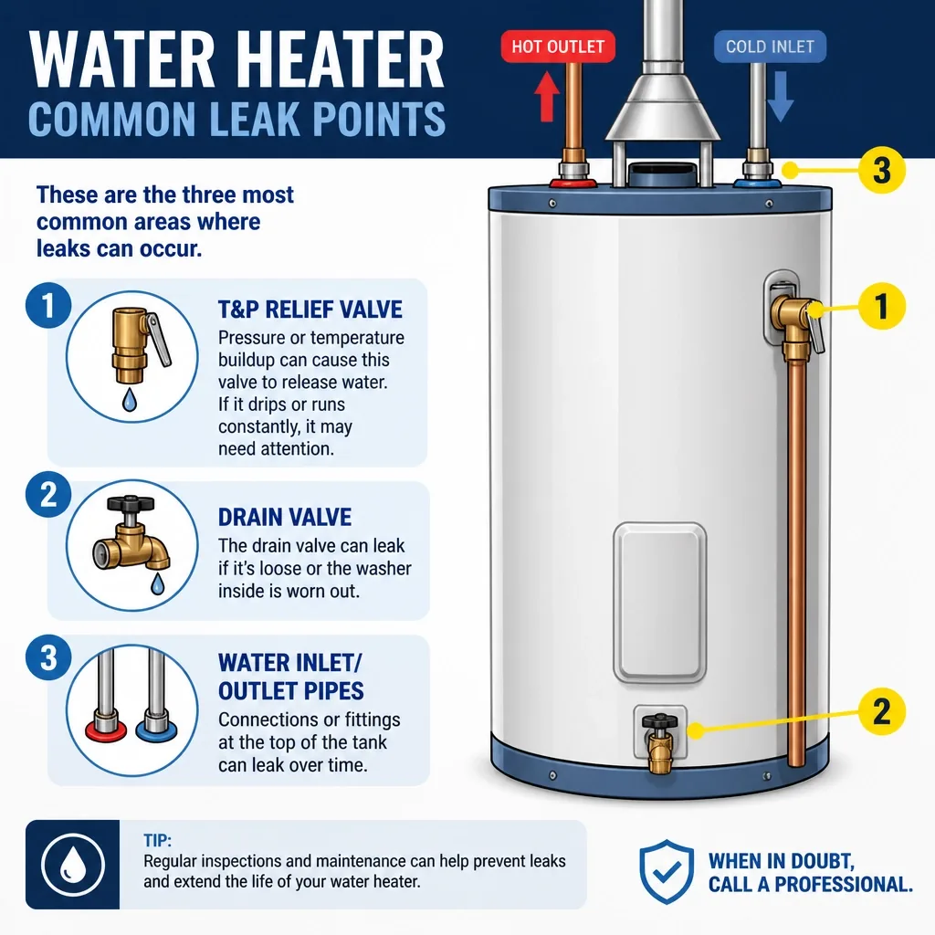 Illustration of common water heater leak points including the T&P valve, drain valve, and inlet pipes