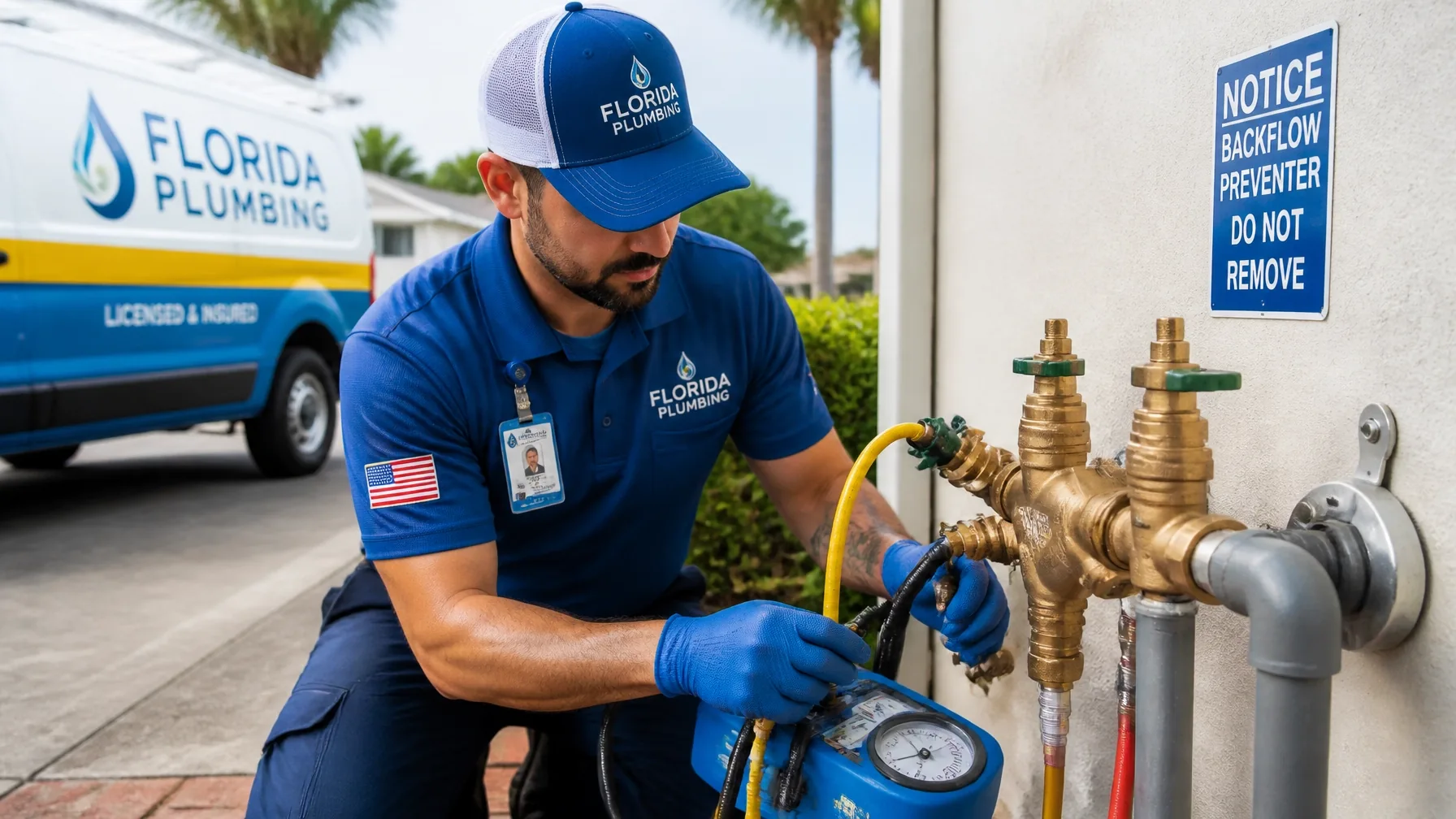 Professional plumber performing backflow testing on an outdoor valve assembly