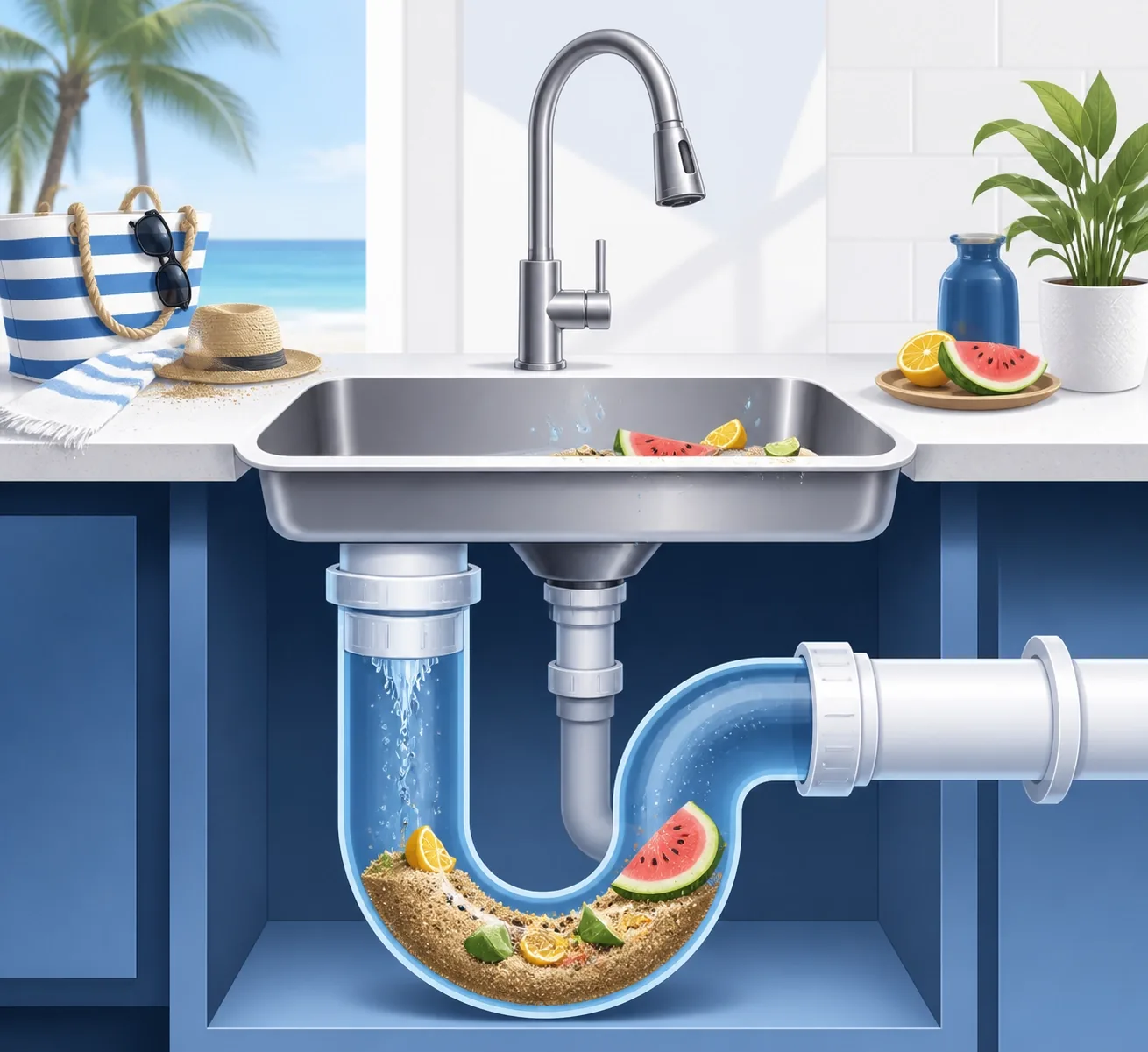 Vector illustration of a kitchen sink P-trap clogged with sand and debris, highlighting professional drain cleaning needs.