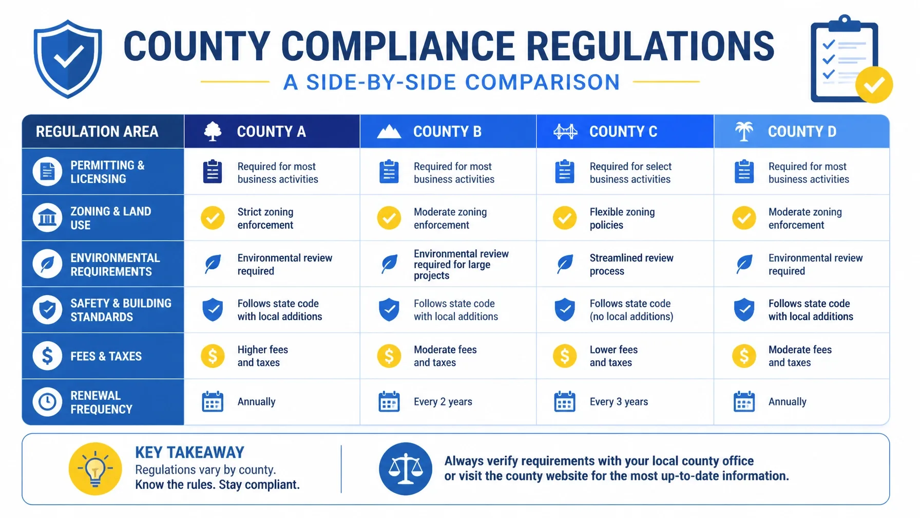 Infographic illustration comparing county compliance regulations