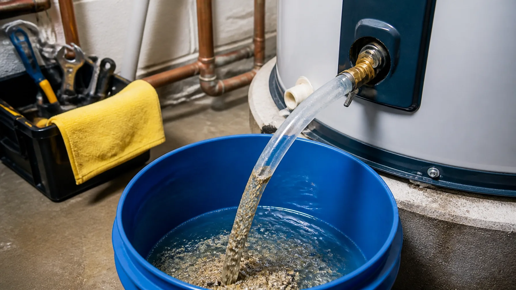 Water heater maintenance flushing mineral sediment through a drain hose into a safe container