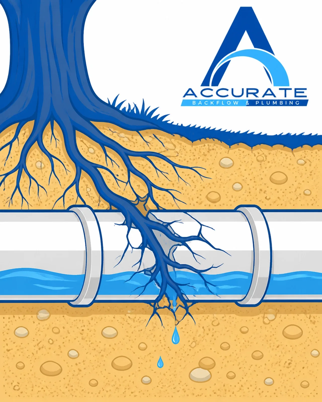 Illustration of thick tree roots infiltrating a cracked plumbing pipe in sandy Florida soil