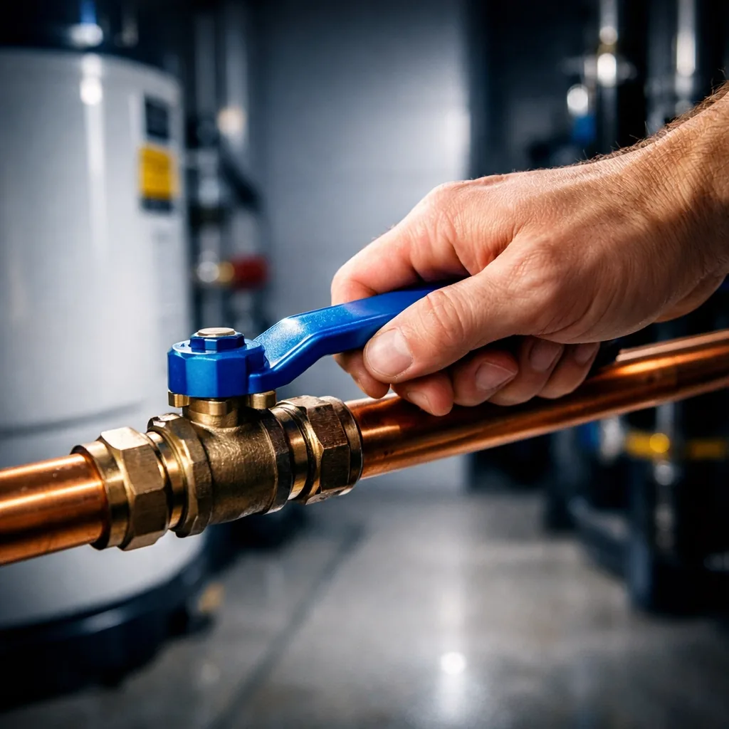 Person turning a main water shutoff valve on a copper pipe for home leak prevention.