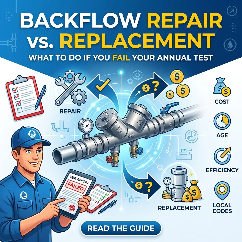 Illustration of a technician holding a failed test report beside a backflow preventer, comparing repair and replacement