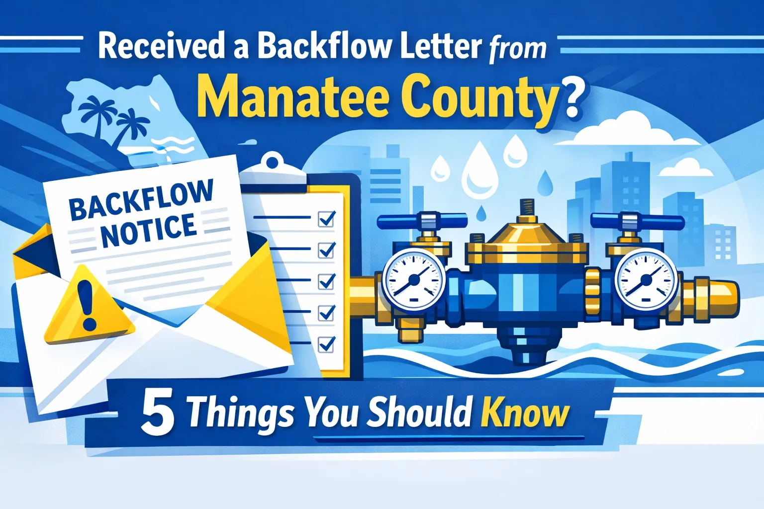 Illustration of a backflow notice letter beside a backflow preventer assembly