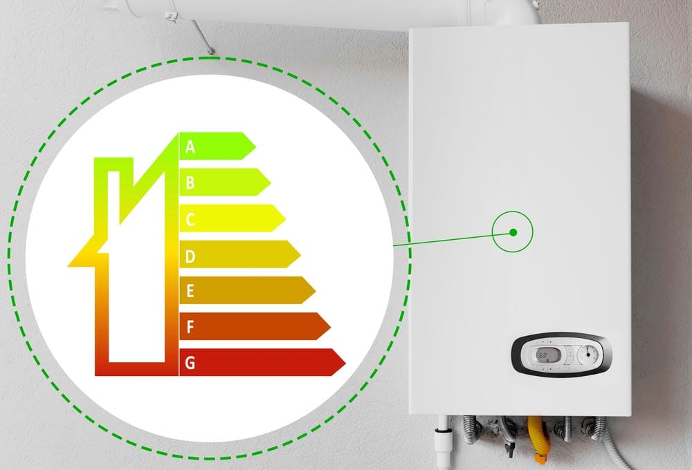 Energy efficiency rating scale beside a wall-mounted water heater