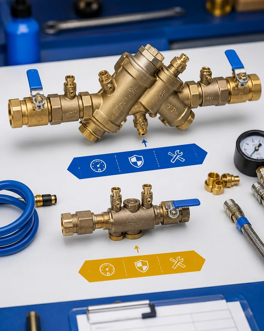 Residential and commercial backflow assemblies with gauges and fittings