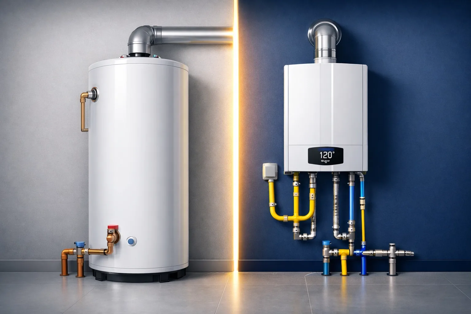 Comparison of a traditional storage tank water heater and a space-saving tankless water heater system.