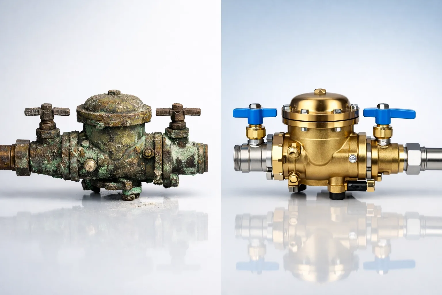 Side-by-side comparison of a corroded old backflow valve and a clean new backflow replacement unit.