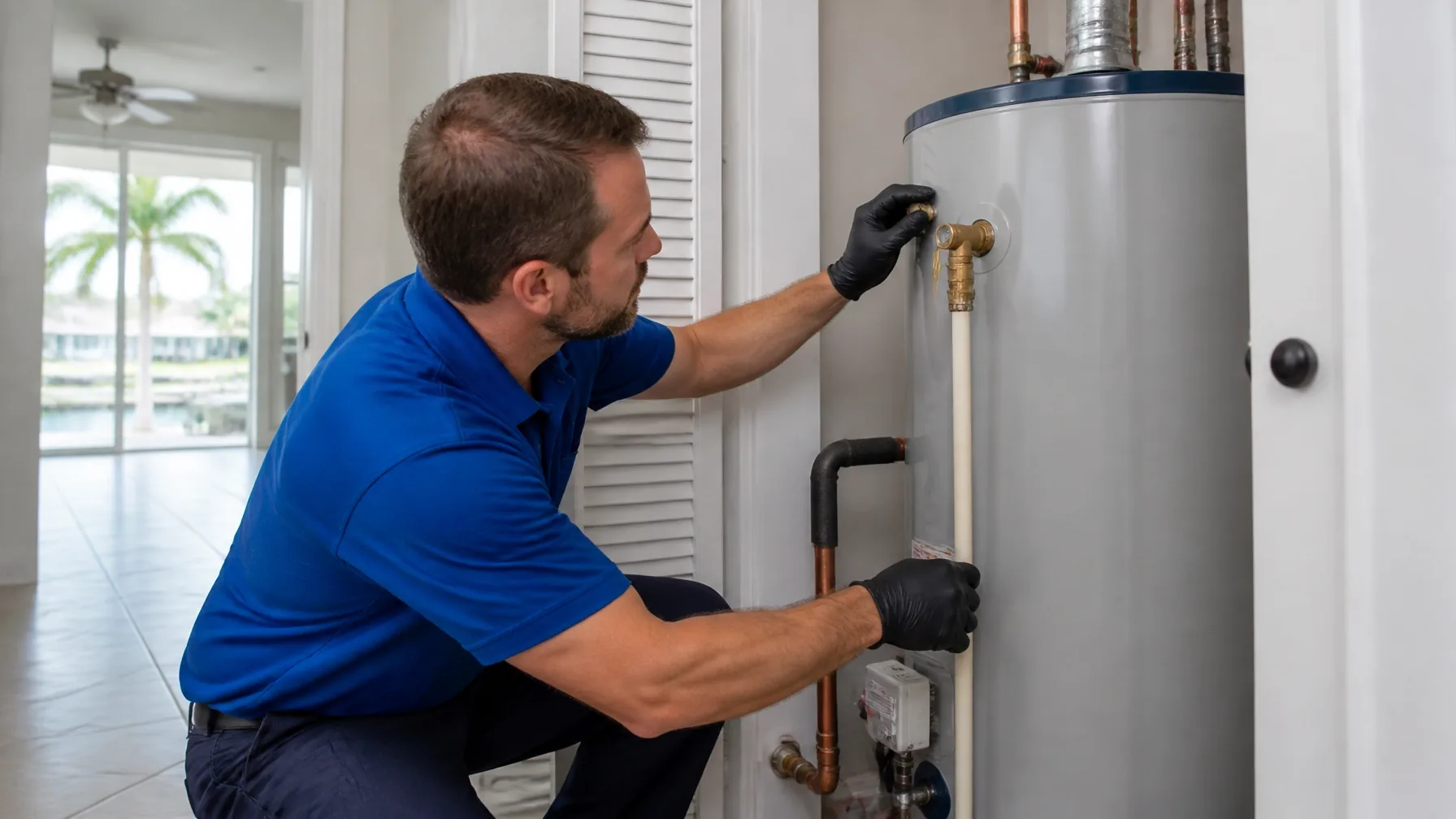 Licensed plumber performing water heater maintenance on a residential tank water heater