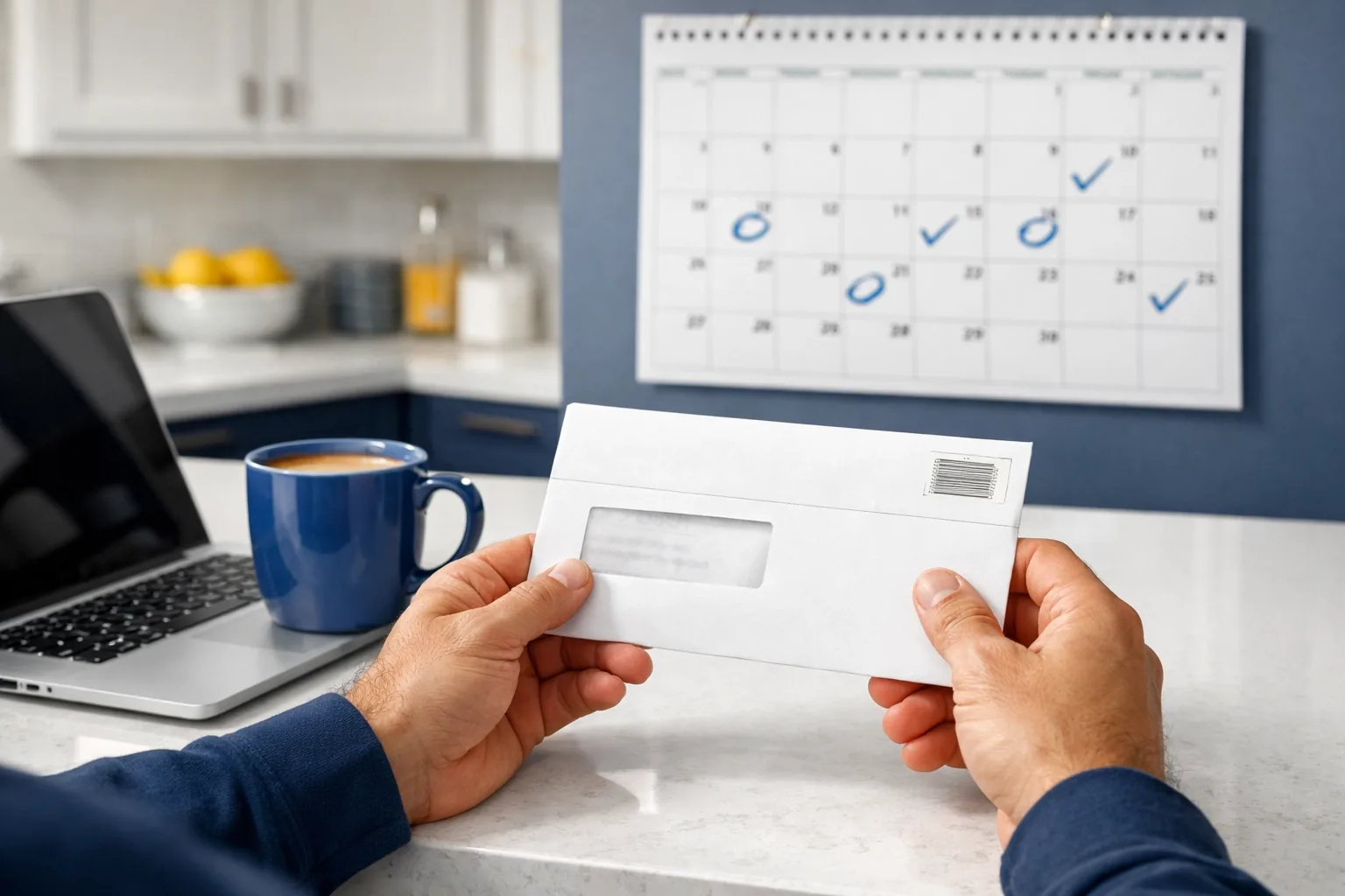 Homeowner reviewing a Manatee County backflow testing notice near a calendar to track compliance deadlines.