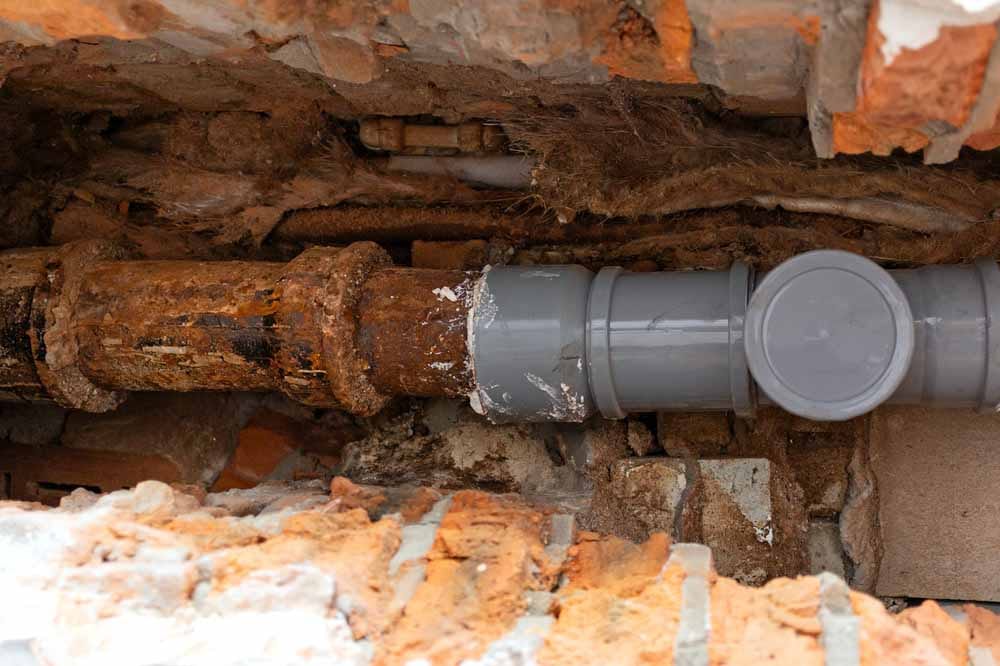 Corroded cast-iron sewer pipe joined to a new gray PVC section