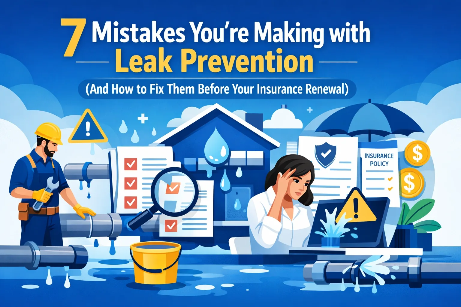 Illustration of a plumber fixing a leaking pipe and a homeowner reviewing an insurance policy