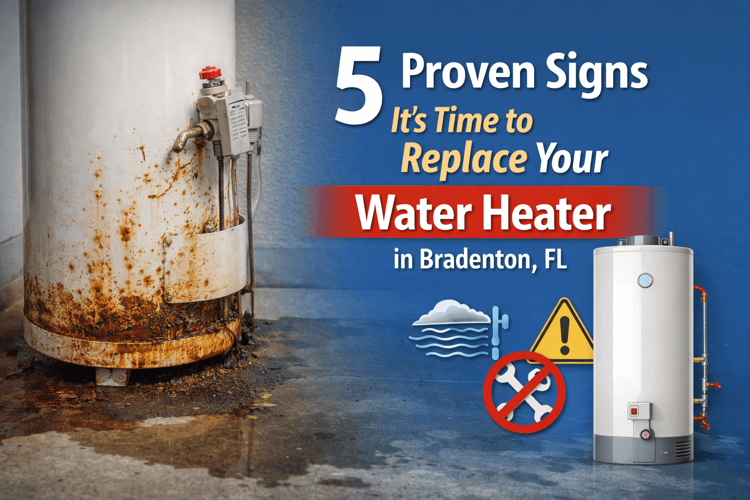 Rusty, leaking water heater beside a new replacement unit
