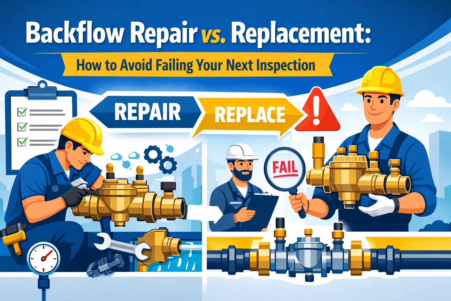 Backflow Repair vs replacement. animated images of plumbing experts performing inspections on Backflow preventers