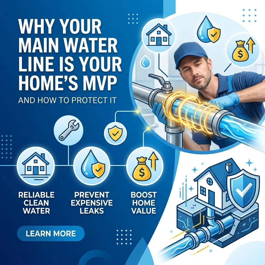 blue and white image featuring a plumber inspecting a main water line in a home. including text that says why your main water line is your home's mvp. graphics of water, plumbing tools, a home and money