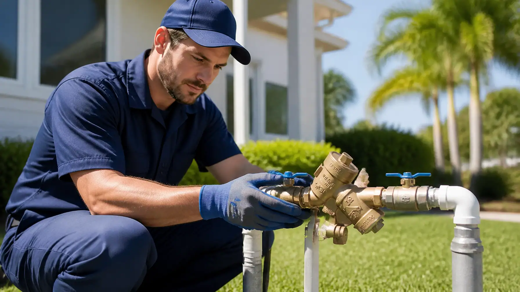 Professional technician inspecting a backflow preventer assembly in a sunny Bradenton residential yard.