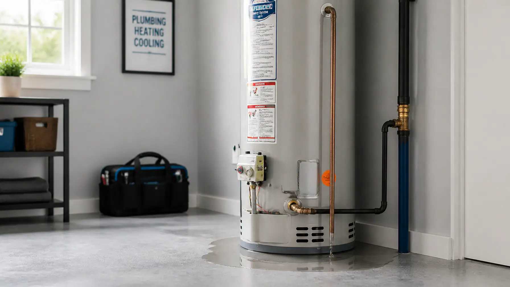 garage where a water heater is leaking from the bottom on the floor.