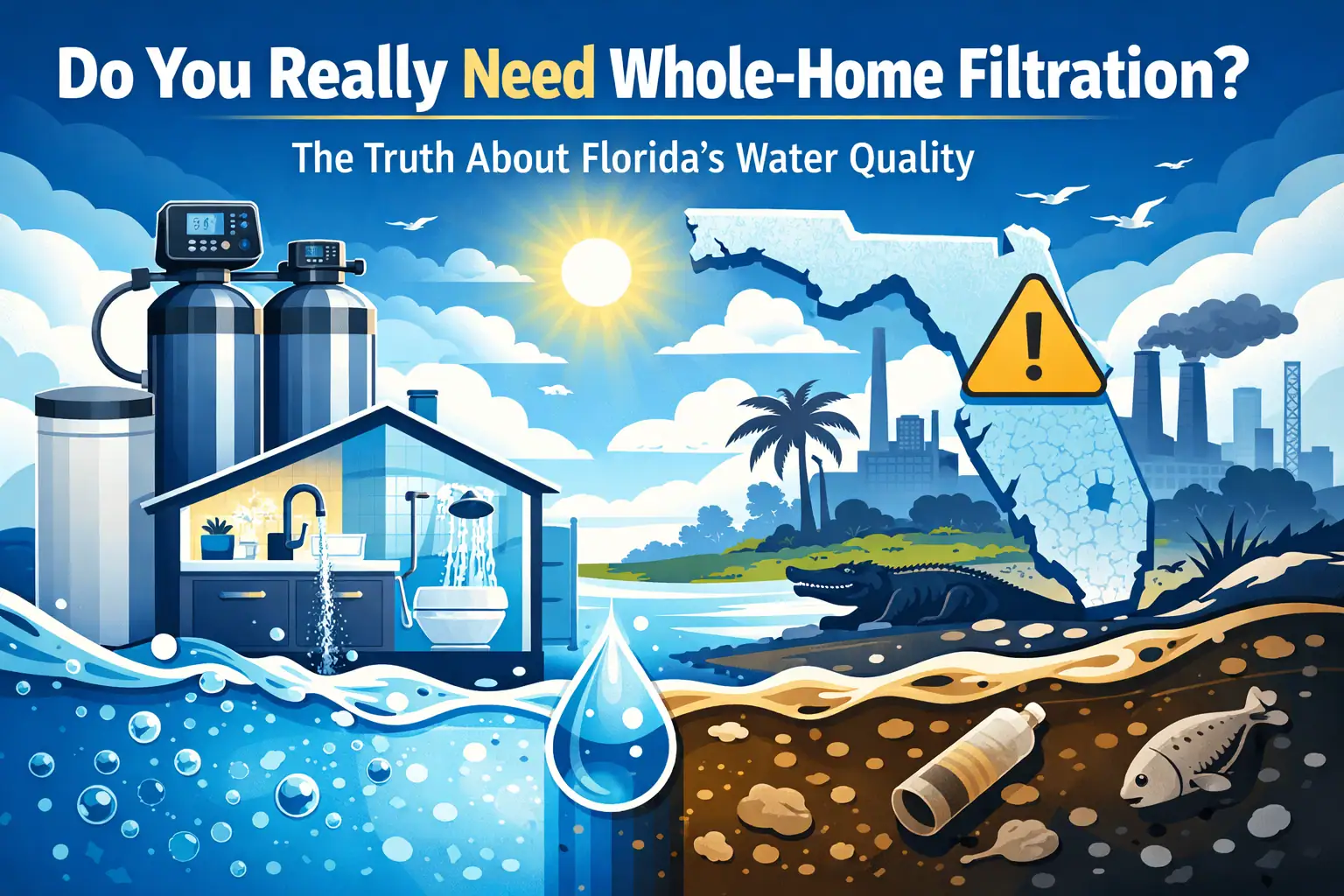 graphic representing water treatment solutions available in florida. blue and yellow graphics with text that reads Do You Really Need whole-home filtration